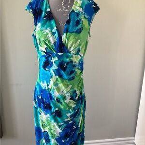 Ralph Lauren Faux wrap Floral Elegant Blue and Green Dress(6)